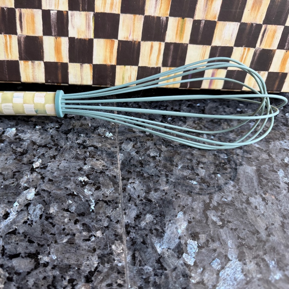 Retired Mackenzie Childs Parchment Check Large Enamel Whisk Display Only  11.5"